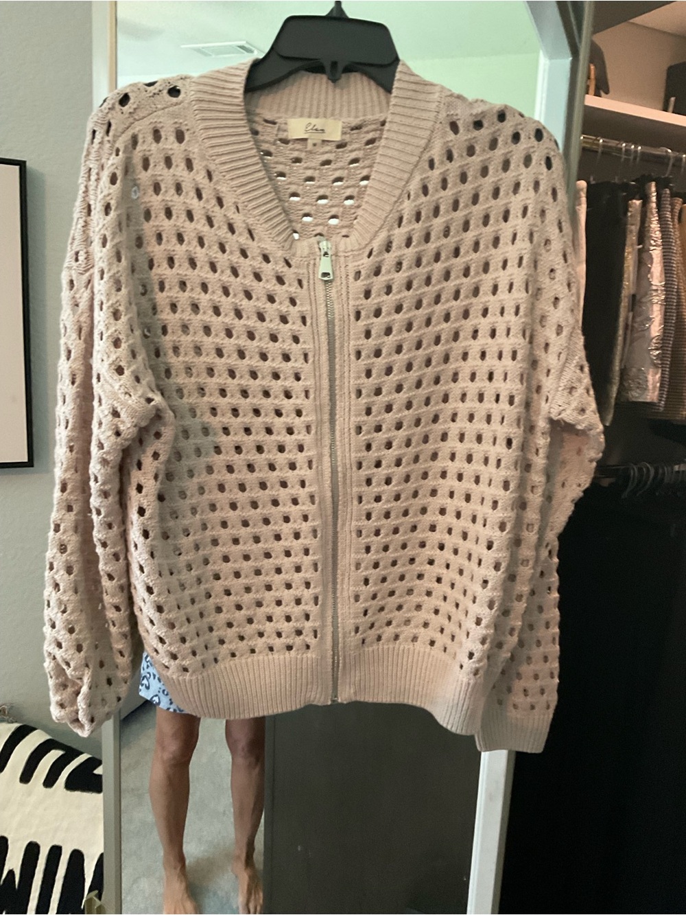 Elan Open-Knit Zip Front Sweater in Light Beige